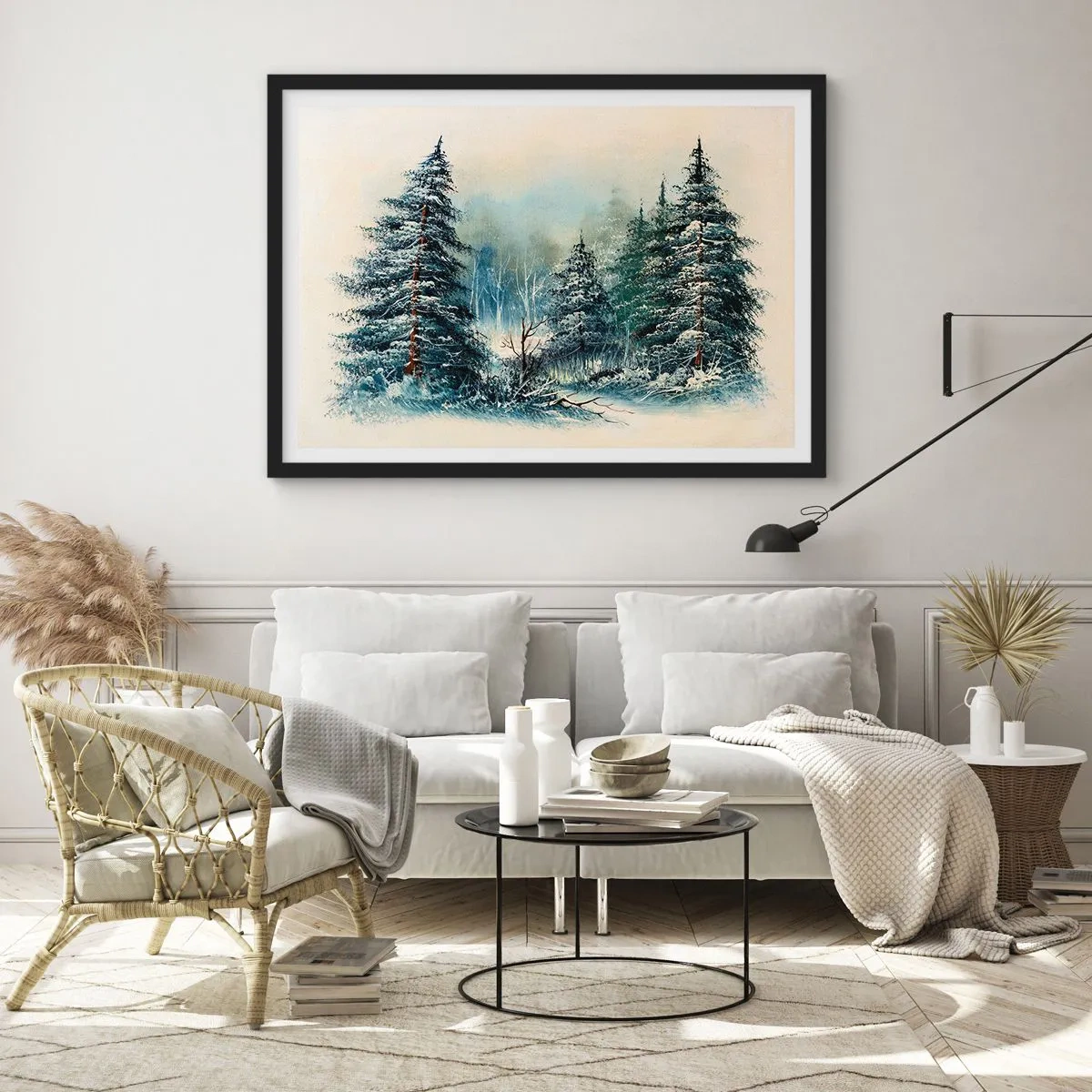 Affiche dans un cadre noir - Poster - Paysage d'hiver avec des arbres enneigés - 100x70cm - Prêt pour les fêtes - Décoration murale moderne pour le salon et la chambre ARTTOR