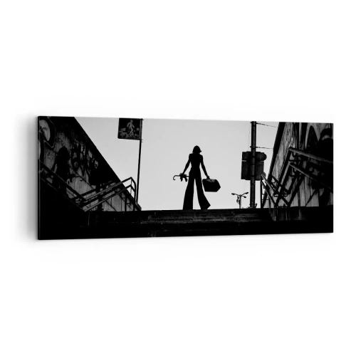 Impression sur toile - Image sur toile - Une figure de femme dans les escaliers en noir et blanc avec une atmosphère dynamique - 140x50cm - Pèlerinage urbain - Décoration murale moderne pour le salon et la chambre ARTTOR