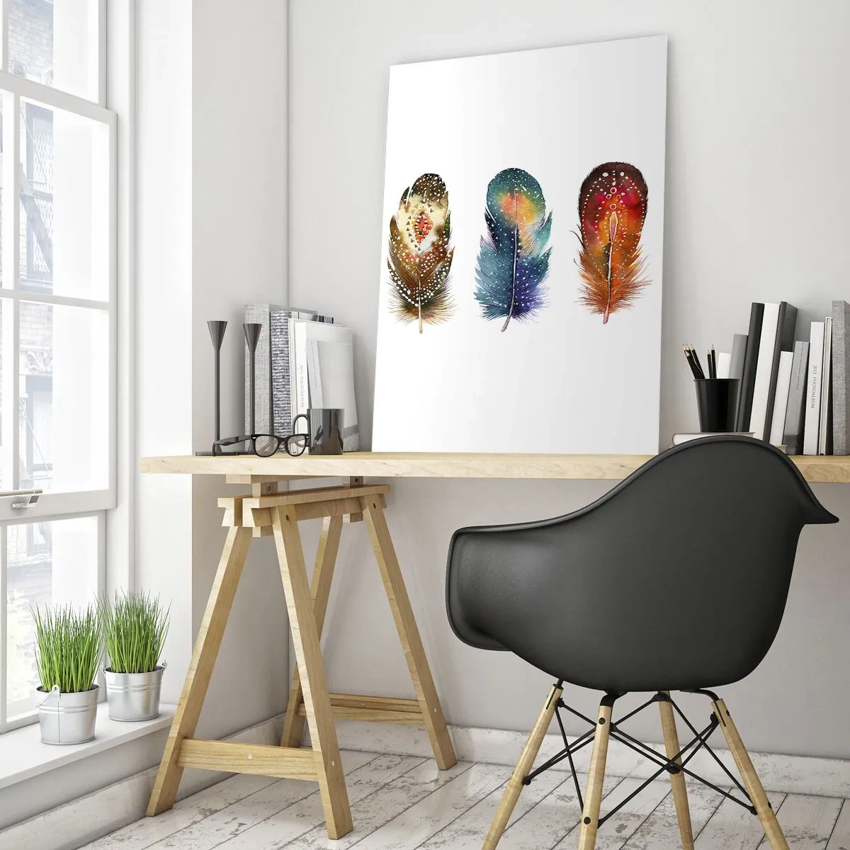 Impression sur verre - Image sur verre - Trois plumes colorées aux motifs ethniques - 50x70cm - Rituels, cérémonies, secrets - Décoration murale moderne pour le salon et la chambre ARTTOR