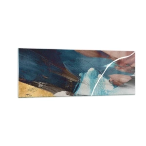 Impression sur verre - Image sur verre - Coups de pinceau abstraits dans des tons de bleu et d'or - 140x50cm - Avec panache et énergie - Décoration murale moderne pour le salon et la chambre ARTTOR