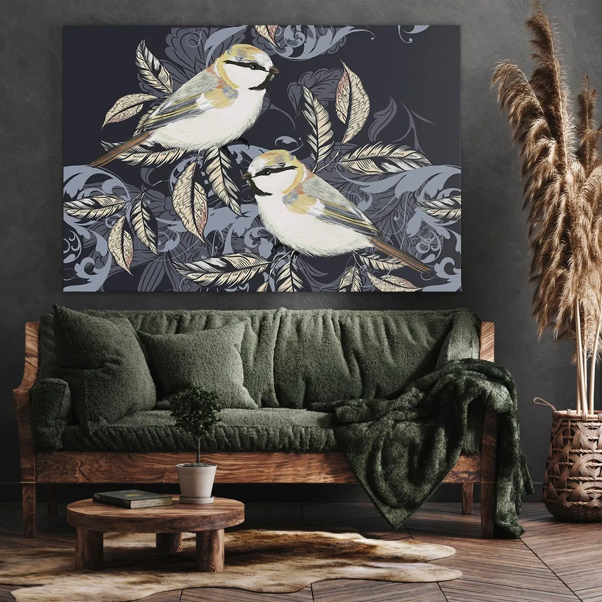 Impression sur toile - Image sur toile - Oiseaux sur des branches dans un arrière-plan ornemental - 100x70cm - Babillement jaune et bleu - Décoration murale moderne pour le salon et la chambre ARTTOR
