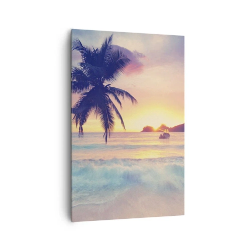 Impression sur toile - Image sur toile - Plage avec un palmier et un coucher de soleil sur l'océan - 80x120cm - Une soirée à la baie - Décoration murale moderne pour le salon et la chambre ARTTOR
