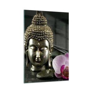 Impression sur verre - Image sur verre - Une statuette de Bouddha avec une orchidée et des baguettes sur un fond de pierres - 80x120cm - Harmonie de la sagesse et de la beauté - Décoration murale moderne pour le salon et la chambre ARTTOR