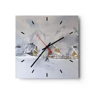 Horloge murale - Pendule murale - Paysage d'hiver avec un chalet et des meules de foin dans les montagnes - 30x30cm - Dans une vallée enneigée - Décoration murale moderne pour le salon et la chambre ARTTOR