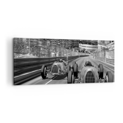 Impression sur toile - Image sur toile - Scène de course automobile rétro monochrome - 120x50cm - Il y a longtemps à Monté Carlo - Décoration murale moderne pour le salon et la chambre ARTTOR