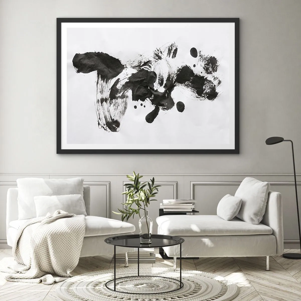 Affiche dans un cadre noir - Poster - Composition abstraite de taches noires sur fond blanc - 100x70cm - De la méthode dans la folie ? - Décoration murale moderne pour le salon et la chambre ARTTOR