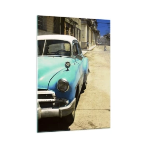 Impression sur verre - Image sur verre - Voiture bleue vintage dans la rue au soleil - 50x70cm - Et vive Cuba ! - Décoration murale moderne pour le salon et la chambre ARTTOR