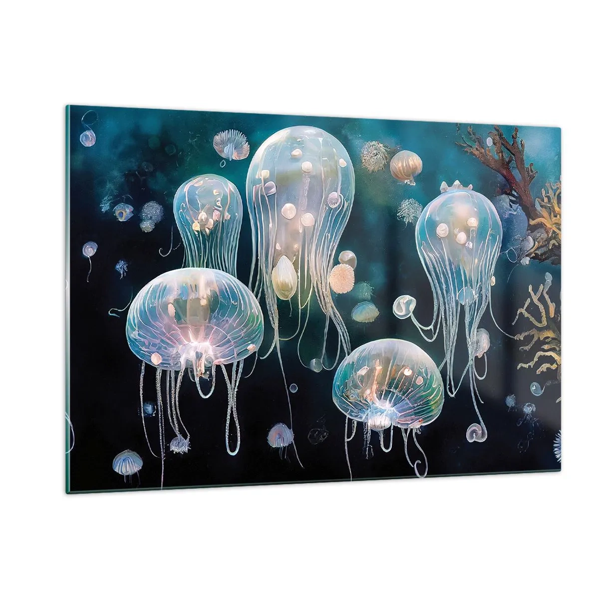 Impression sur verre - Image sur verre - Les méduses dans la danse lumineuse du monde sous-marin - 120x80cm - Ballon sous-marin - Décoration murale moderne pour le salon et la chambre ARTTOR