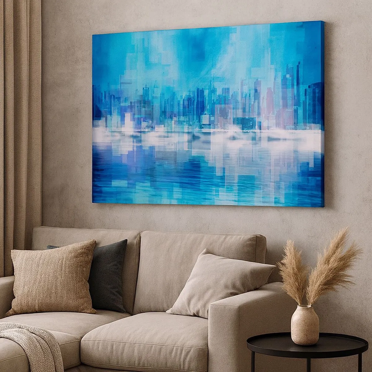 Impression sur toile - Image sur toile - Panorama urbain abstrait dans des tons bleus - 70x50cm - Noyé dans le bleu - Décoration murale moderne pour le salon et la chambre ARTTOR