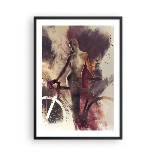 Affiche dans un cadre noir - Poster - Silhouette d'une femme avec un vélo dans un arrière-plan artistique et enfumé - 50x70cm - Une âme de vélo aux formes marbrées - Décoration murale moderne pour le salon et la chambre ARTTOR