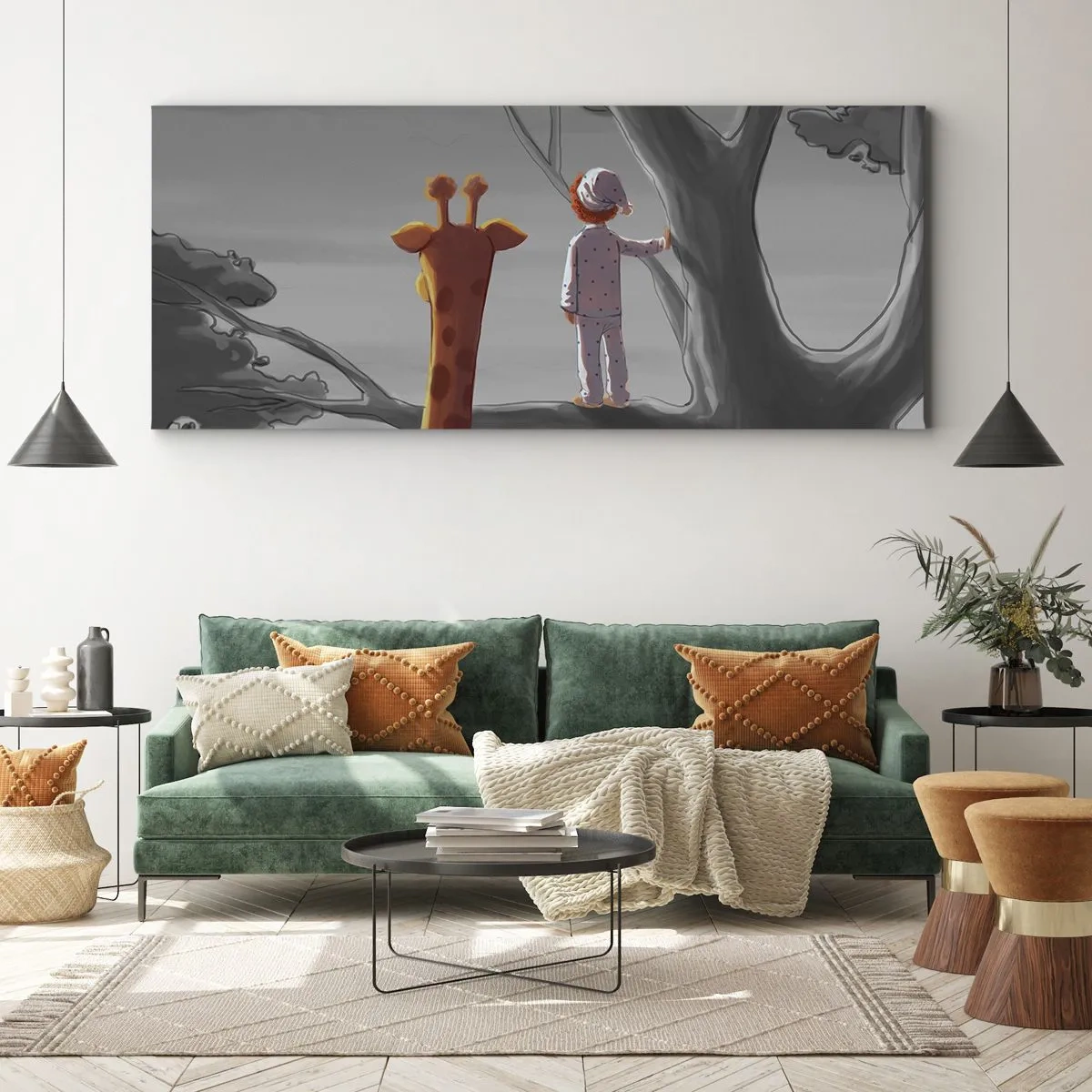Impression sur toile - Image sur toile - Un enfant et une girafe sur une branche d'arbre dans un paysage de conte de fées - 120x50cm - Cela arrive vraiment - Décoration murale moderne pour le salon et la chambre ARTTOR