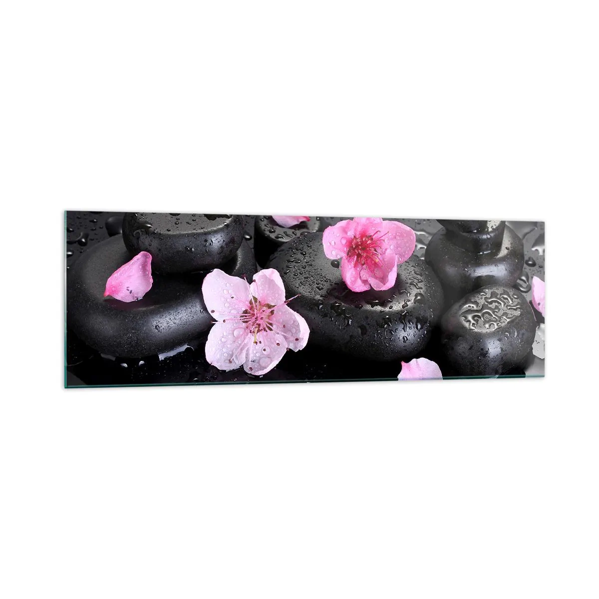 Impression sur verre - Image sur verre - Pierres noires et fleurs roses style spa - 160x50cm - Et le cœur s'allège soudainement - Décoration murale moderne pour le salon et la chambre ARTTOR
