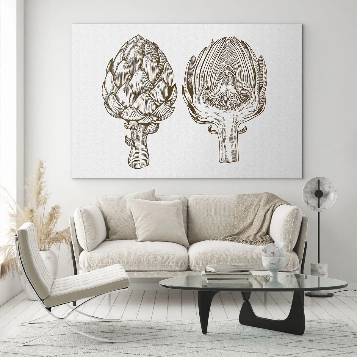 Impression sur verre - Image sur verre - Dessin botanique d'un artichaut dans son intégralité et en coupe transversale - 70x50cm - Leçon d’anatomie - Décoration murale moderne pour le salon et la chambre ARTTOR
