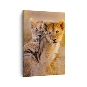 Impression sur toile - Image sur toile - Adorables lionceaux dans leur environnement naturel - 50x70cm - Ne pas déranger! On s'amuse - Décoration murale moderne pour le salon et la chambre ARTTOR