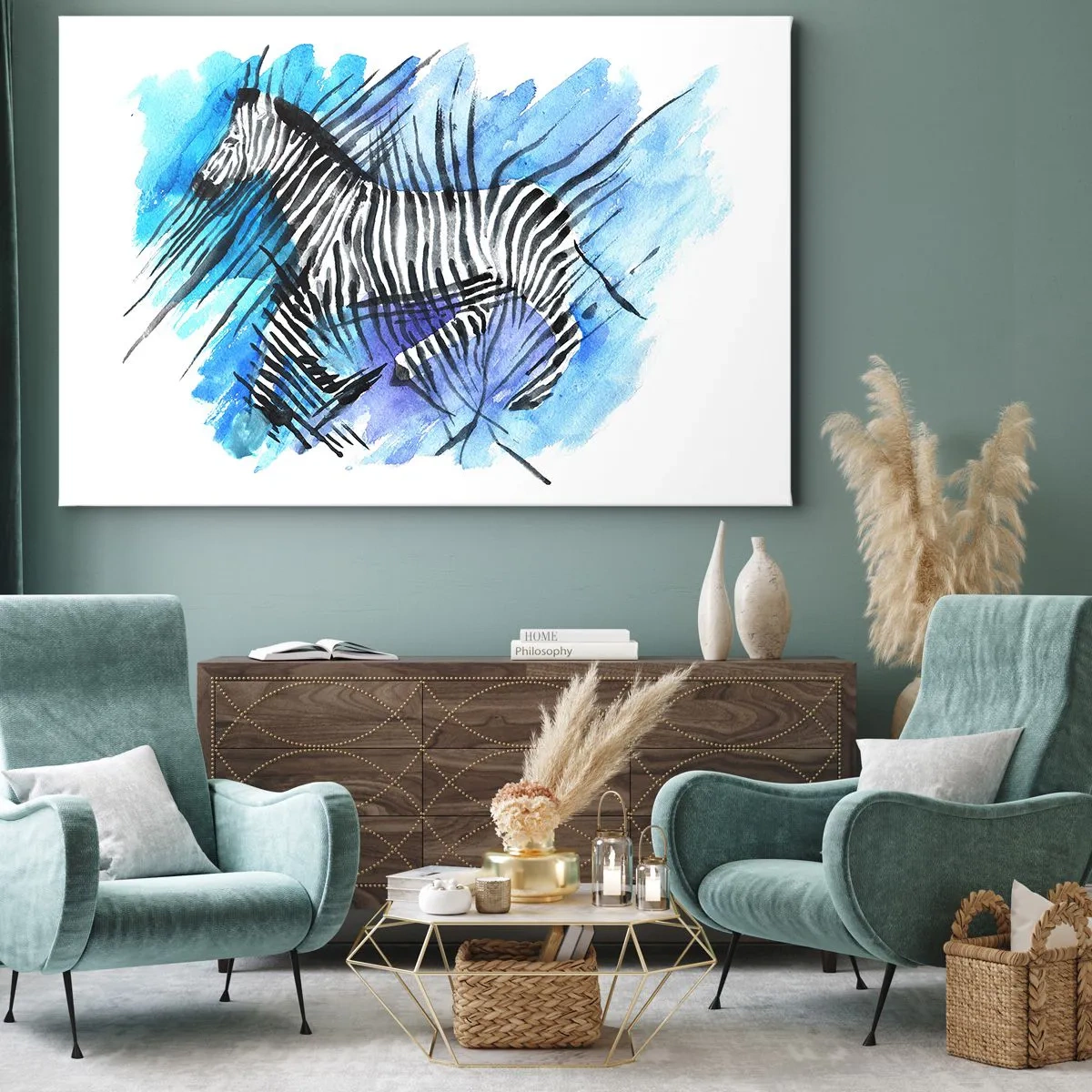Impression sur toile - Image sur toile - Illustration à l'aquarelle d'un zèbre contre un ciel bleu - 70x50cm - Caché dans les rayures - Décoration murale moderne pour le salon et la chambre ARTTOR