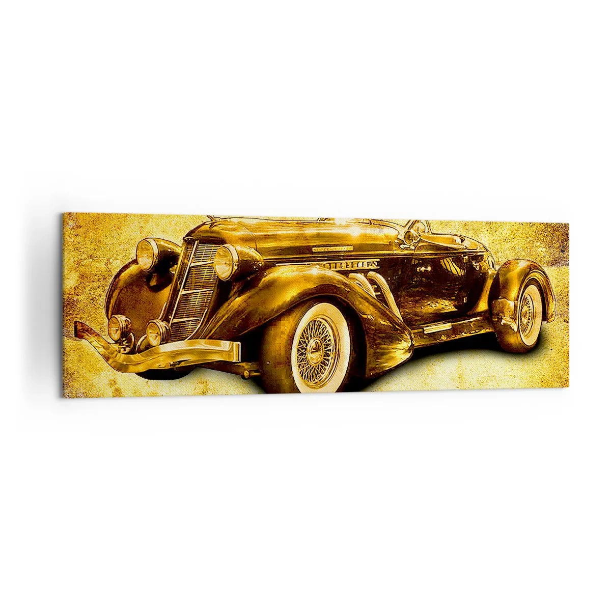 Impression sur toile - Image sur toile - Un cabriolet rétro doré classique sur un fond vintage aux couleurs chaudes. - 160x50cm - L'élite de l'élite - Décoration murale moderne pour le salon et la chambre ARTTOR