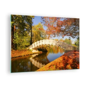 Impression sur verre - Image sur verre - Un pont en bois sur une rivière entourée de couleurs d'automne - 70x50cm - Sur le pont blanc des soupirs - Décoration murale moderne pour le salon et la chambre ARTTOR