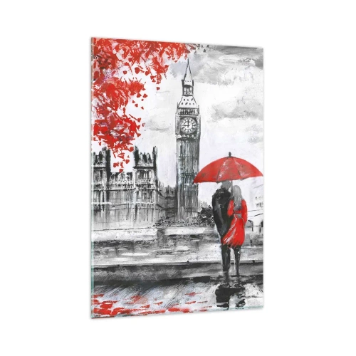 Impression sur verre - Image sur verre - Scène romantique avec Big Ben et un parapluie rouge - 80x120cm - Amoureux de Londres - Décoration murale moderne pour le salon et la chambre ARTTOR