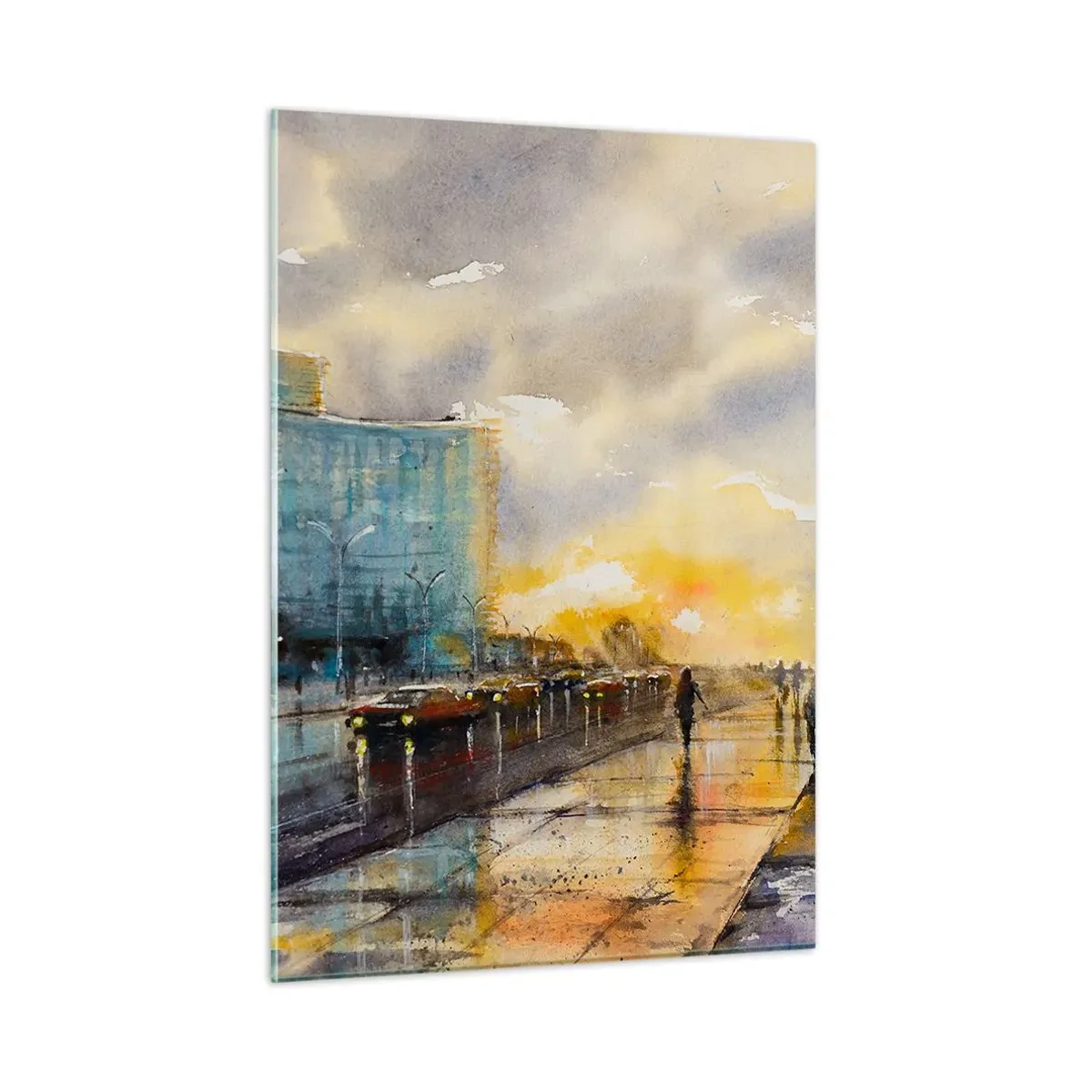 Impression sur verre - Image sur verre - Aquarelle d'une ville balnéaire avec coucher de soleil - 50x70cm - La vie sur le rivage - Décoration murale moderne pour le salon et la chambre ARTTOR
