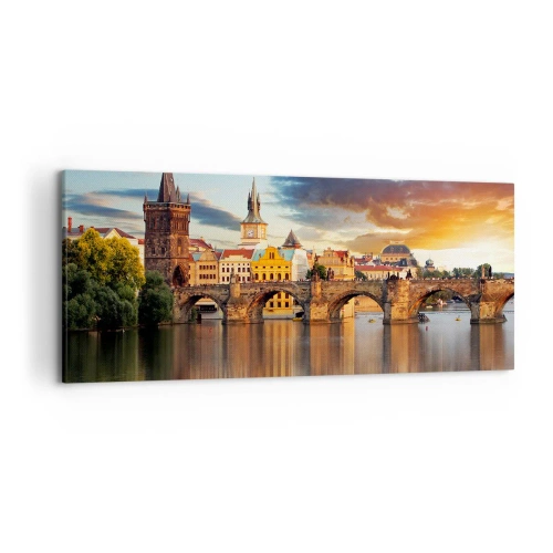 Impression sur toile - Image sur toile - Le pont historique sur la rivière à la lumière du soleil couchant - 120x50cm - Belle depuis des lustres - Décoration murale moderne pour le salon et la chambre ARTTOR