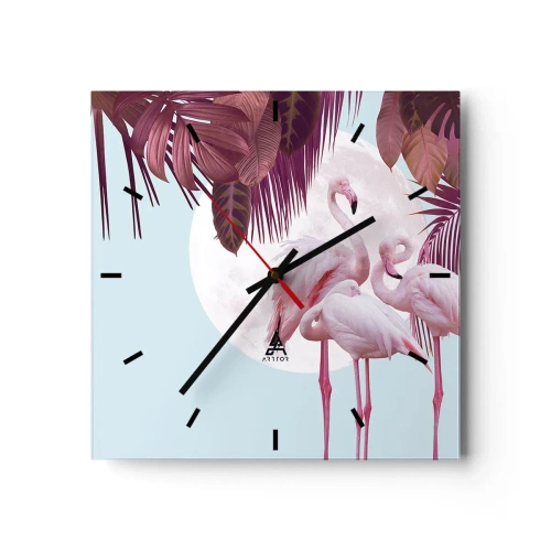 Horloge murale - Pendule murale - Flamants roses sur fond de lune et de feuilles tropicales - 30x30cm - Trois oiseaux gracieux - Décoration murale moderne pour le salon et la chambre ARTTOR