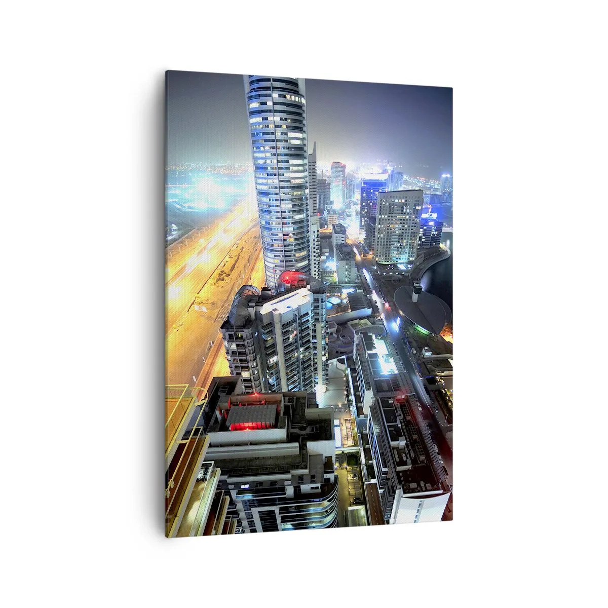 Impression sur toile - Image sur toile - Panorama de la ville nocturne avec des gratte-ciel illuminés - 70x100cm - Un miracle dans le désert - Décoration murale moderne pour le salon et la chambre ARTTOR