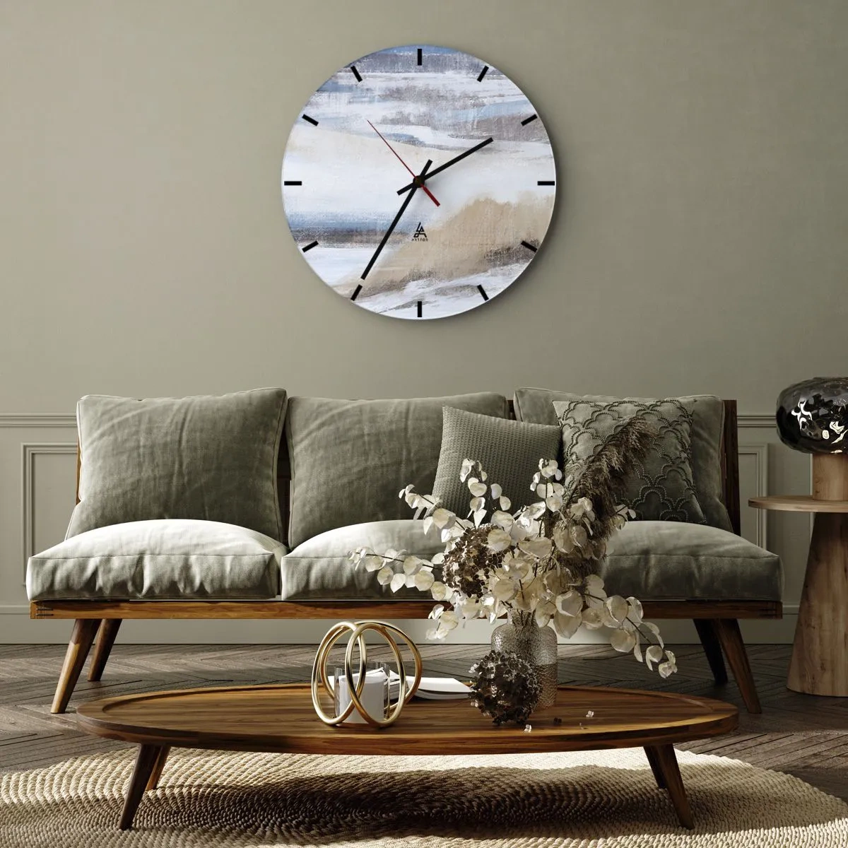 Horloge murale - Pendule murale - Paysage d'hiver dans les tons de bleu, beige et blanc - 30x30cm - Composition hivernale - Décoration murale moderne pour le salon, la cuisine et la chambre ARTTOR