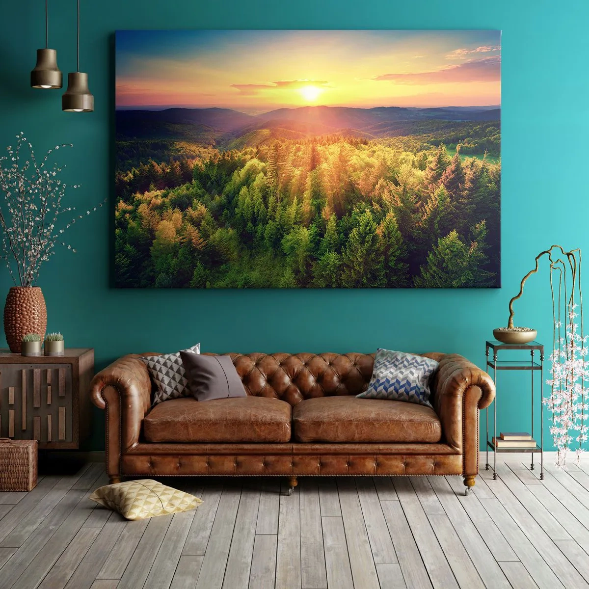 Impression sur toile - Image sur toile - Paysage forestier avec coucher de soleil sur les collines - 100x70cm - Monts et sommets - Décoration murale moderne pour le salon et la chambre ARTTOR