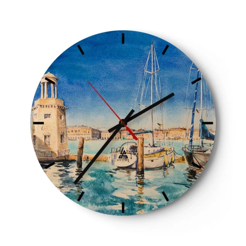 Horloge murale - Pendule murale - Vue du port avec des yachts par une journée ensoleillée - 30x30cm - Lagune ensoleillée - Décoration murale moderne pour le salon, la cuisine et la chambre ARTTOR