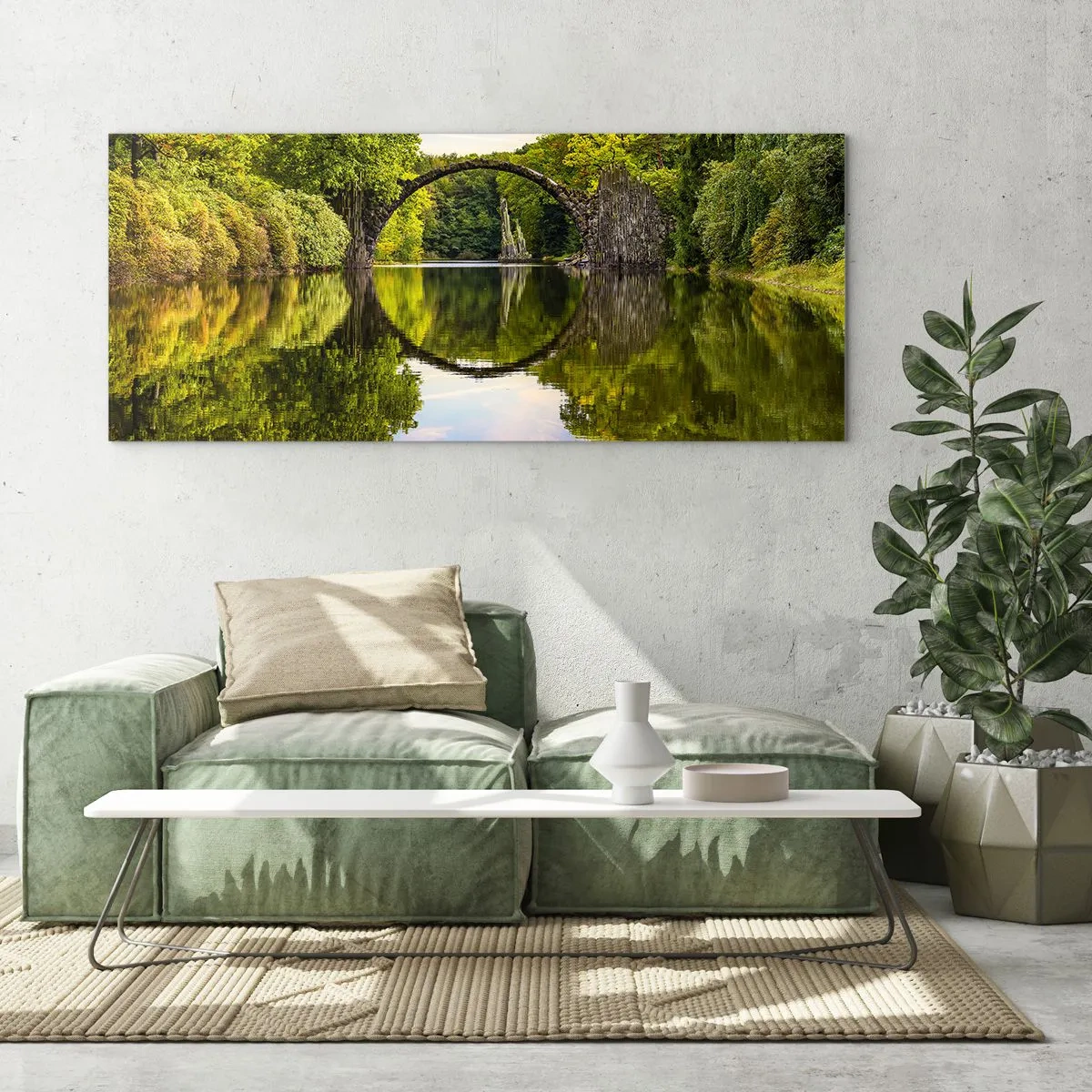 Impression sur verre - Image sur verre - Un pont de pierre sur une rivière avec un reflet parfait dans l'eau - 120x50cm - À la jonction de deux mondes - Décoration murale moderne pour le salon et la chambre ARTTOR