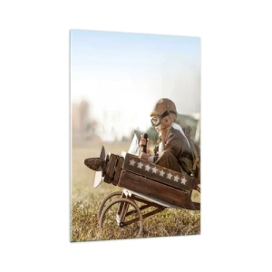 Impression sur verre - Image sur verre - Un enfant dans un avion jouet avec un champ en arrière-plan - 70x100cm - Départ vers un rêve - Décoration murale moderne pour le salon et la chambre ARTTOR