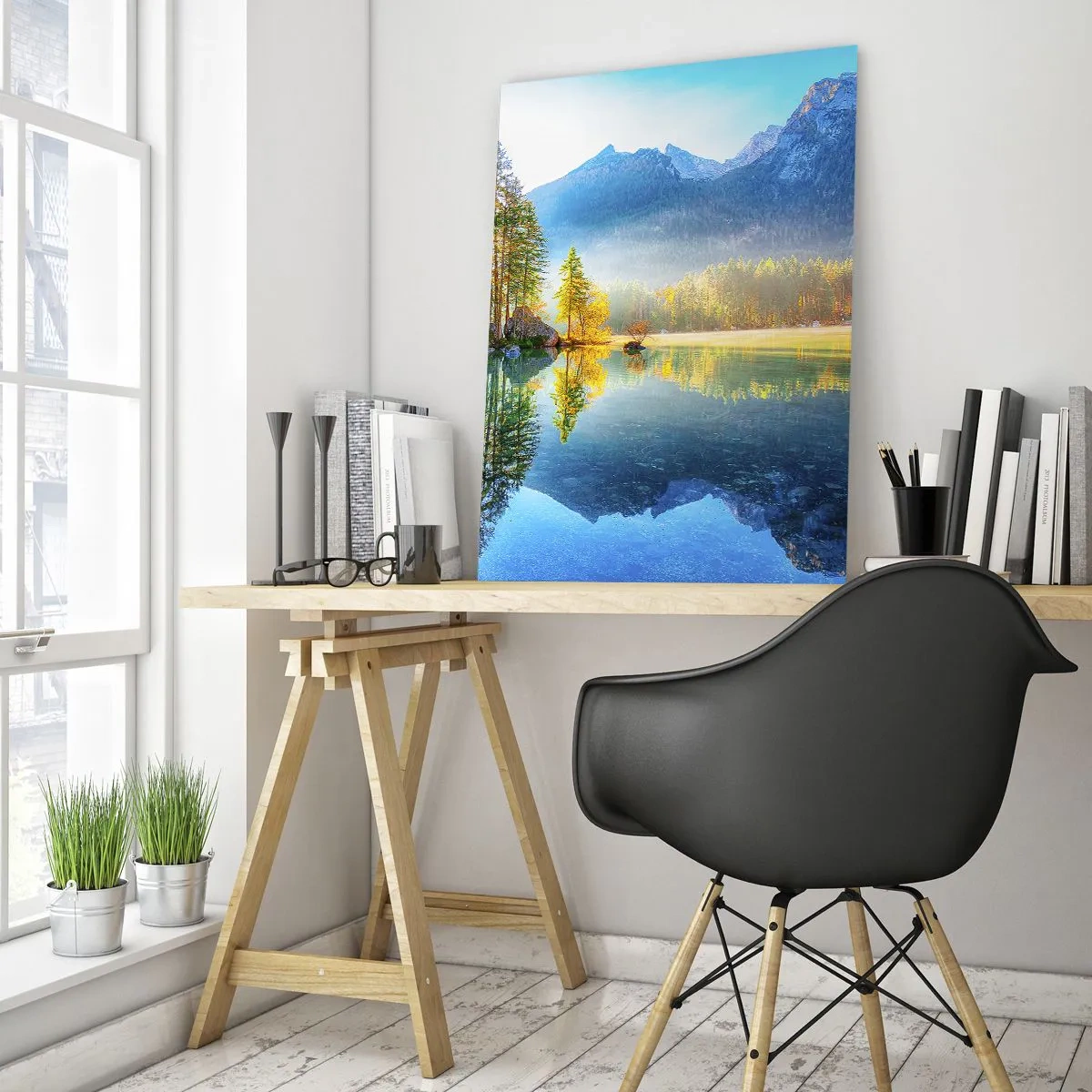 Impression sur verre - Image sur verre - Un lac entouré de montagnes et de forêts sous les rayons du soleil - 70x100cm - Majesté et douceur - Décoration murale moderne pour le salon et la chambre ARTTOR