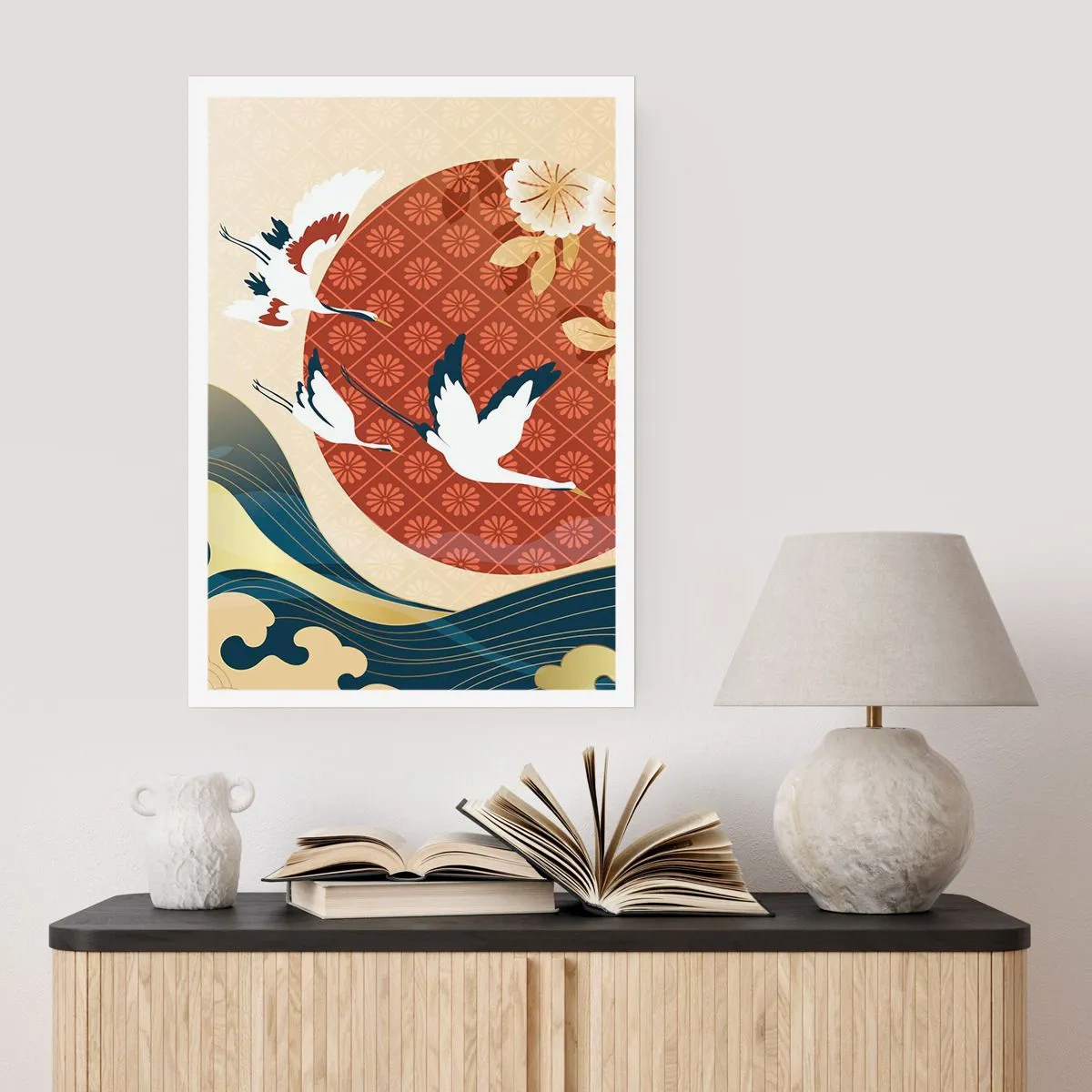 Affiche - Poster - Composition japonaise avec des grues, des vagues et un cercle rouge - 50x70cm - Conte japonnais - Décoration murale moderne pour le salon et la chambre ARTTOR