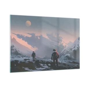 Impression sur verre - Image sur verre - Des astronautes sur une planète extraterrestre avec une épave en arrière-plan - 100x70cm - Sous une étoile inconnue - Décoration murale moderne pour le salon et la chambre ARTTOR