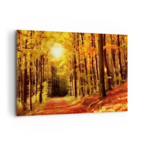 Impression sur toile - Image sur toile - Forêt d'automne avec les rayons du soleil qui brillent à travers les arbres - 120x80cm - Automne doré sur une route forestière - Décoration murale moderne pour le salon et la chambre ARTTOR