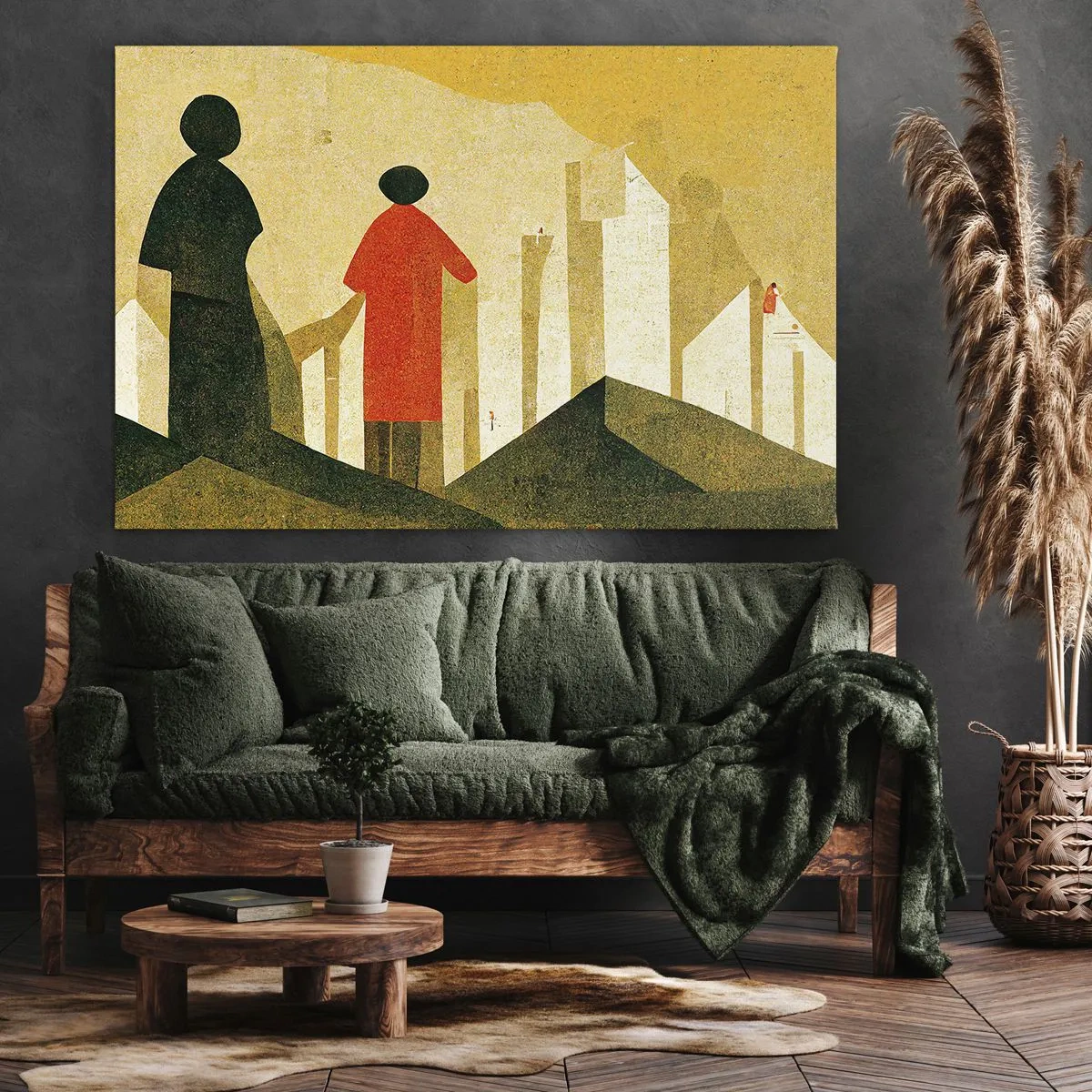 Impression sur toile - Image sur toile - Silhouettes géométriques en rouge et vert sur fond jaune - 70x50cm - La route est encore longue - Décoration murale moderne pour le salon et la chambre ARTTOR
