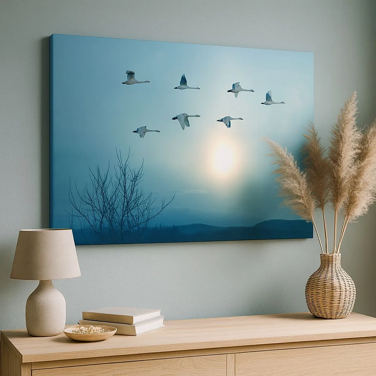 Impression sur toile - Image sur toile - Cygnes volants le matin - 70x50cm - Dis au revoir à l'été pour un an - Décoration murale moderne pour le salon et la chambre ARTTOR