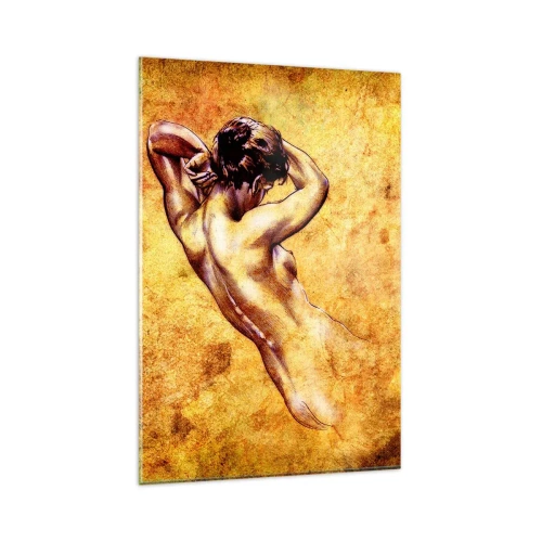 Impression sur verre - Image sur verre - Nu féminin artistique sur fond doré dans un style classique - 80x120cm - Découverte, mais toujours mystèrieuse - Décoration murale moderne pour le salon et la chambre ARTTOR