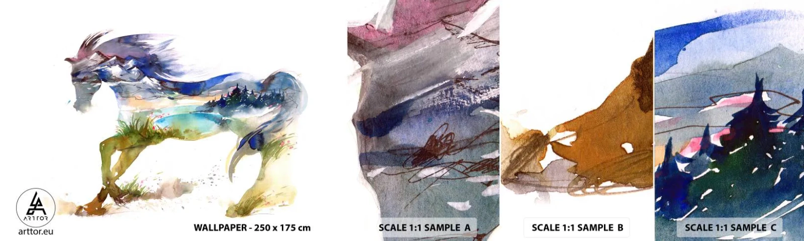 Échantillon de Papier Peint Autocollant Deluxe Sticker - De la prairie directement au ciel - Cheval, Abstraction, Paysage - 100x30 cm