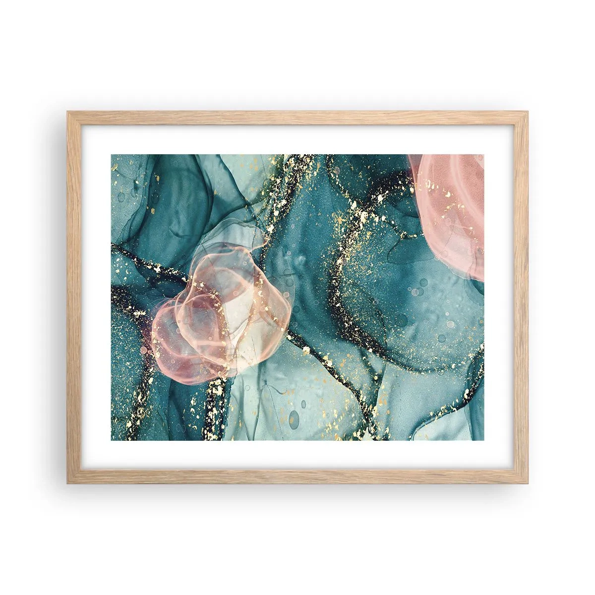 Affiche dans un chêne clair - Poster - Soie bleu, tulle rose - 50x40 cm