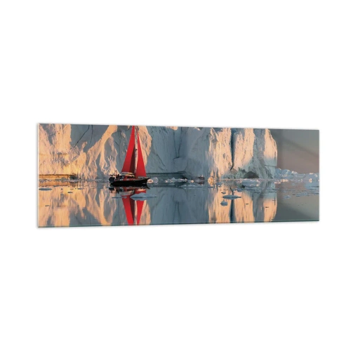 Impression sur verre - Image sur verre - Un voilier avec une voile rouge sur fond de glacier - 160x50cm - Aux limites du monde - Décoration murale moderne pour le salon et la chambre ARTTOR