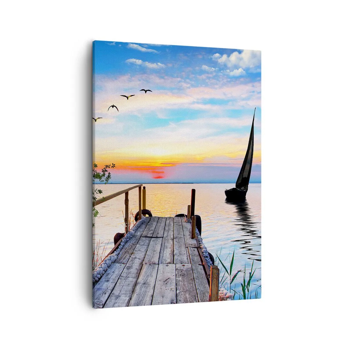 Impression sur toile - Image sur toile - Jetée du lac avec bateau et coucher de soleil - 50x70cm - Bonsoir! - Décoration murale moderne pour le salon et la chambre ARTTOR