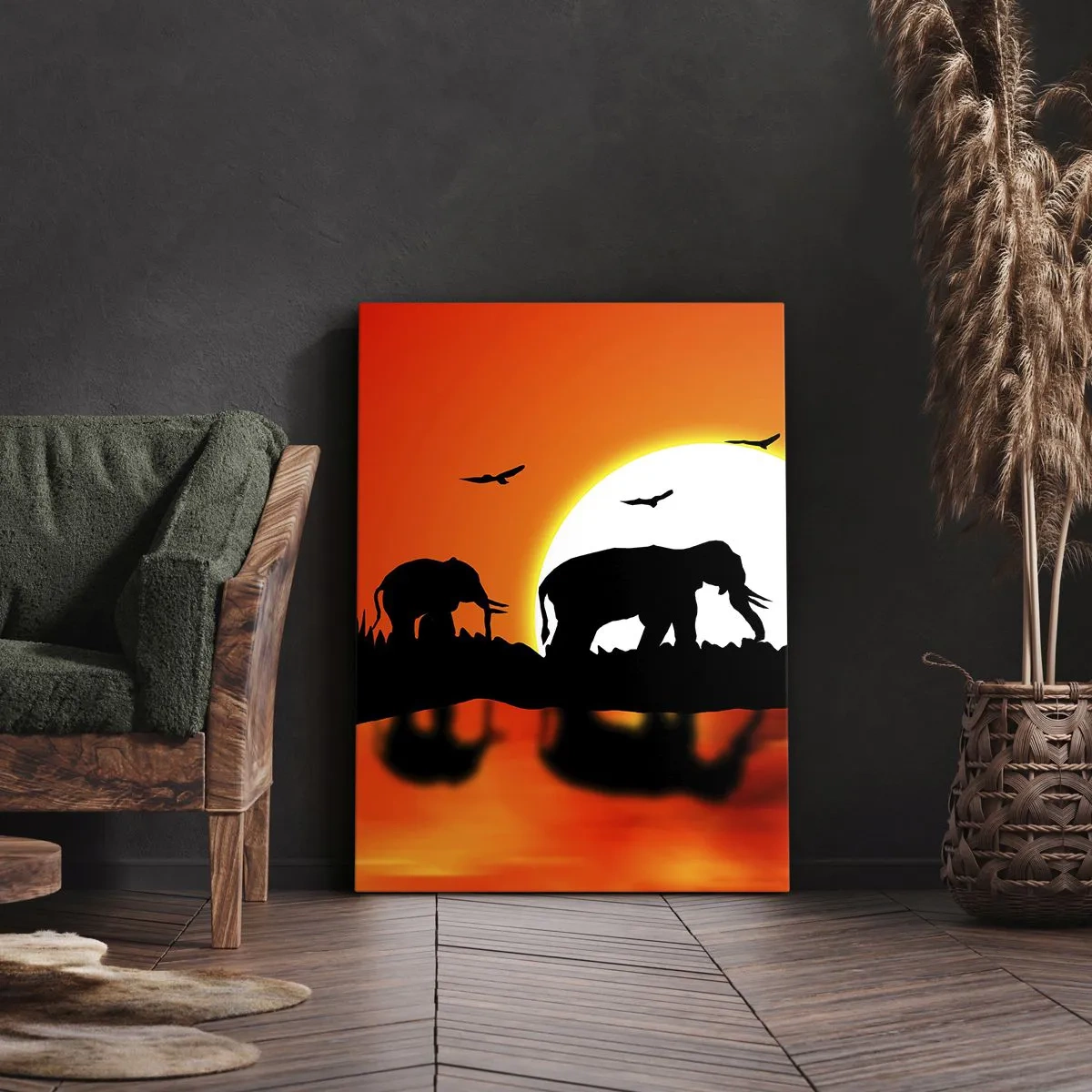 Impression sur toile - Image sur toile - Silhouettes d'éléphants au coucher du soleil sur l'eau avec reflet - 50x70cm - Et le soir pour un petit verre - Décoration murale moderne pour le salon et la chambre ARTTOR