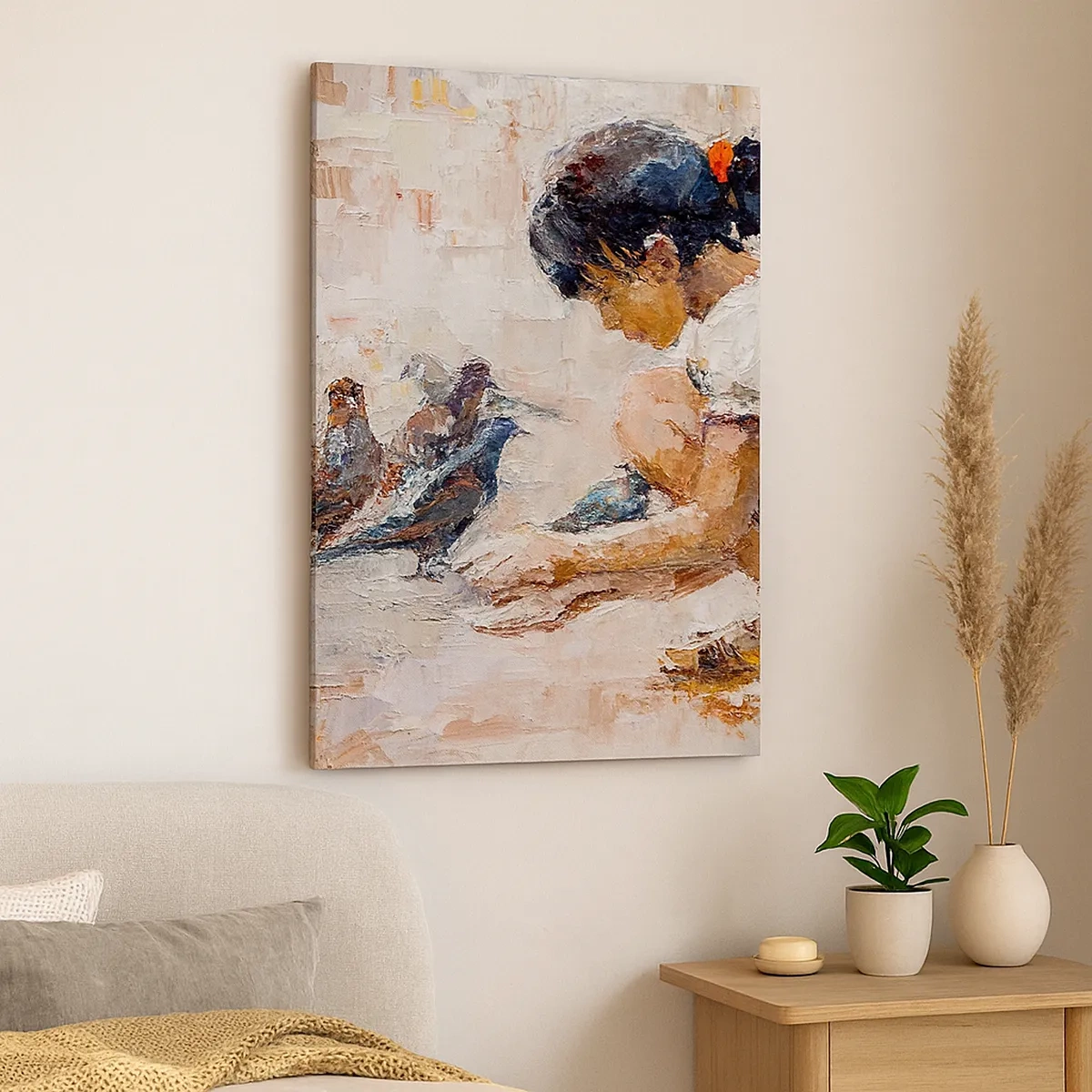 Impression sur toile - Image sur toile - Une fille nourrissant des oiseaux dans un style pictural - 50x70cm - Les plus petits et les plus gentils - Décoration murale moderne pour le salon et la chambre ARTTOR
