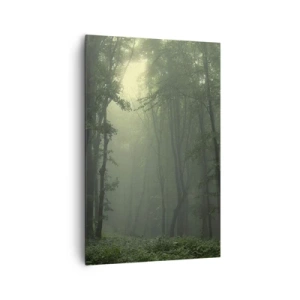Impression sur toile - Image sur toile - Une forêt verte le matin enveloppée d'un brouillard délicat - 80x120cm - Avant qu'il ne se réveille - Décoration murale moderne pour le salon et la chambre ARTTOR