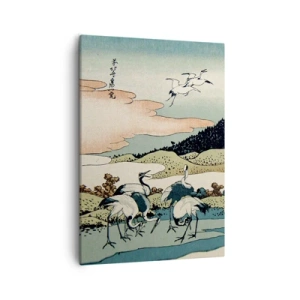 Impression sur toile - Image sur toile - Graphismes japonais traditionnels avec des montagnes et des grues - 50x70cm - Avec une âme japonnaise - Décoration murale moderne pour le salon et la chambre ARTTOR