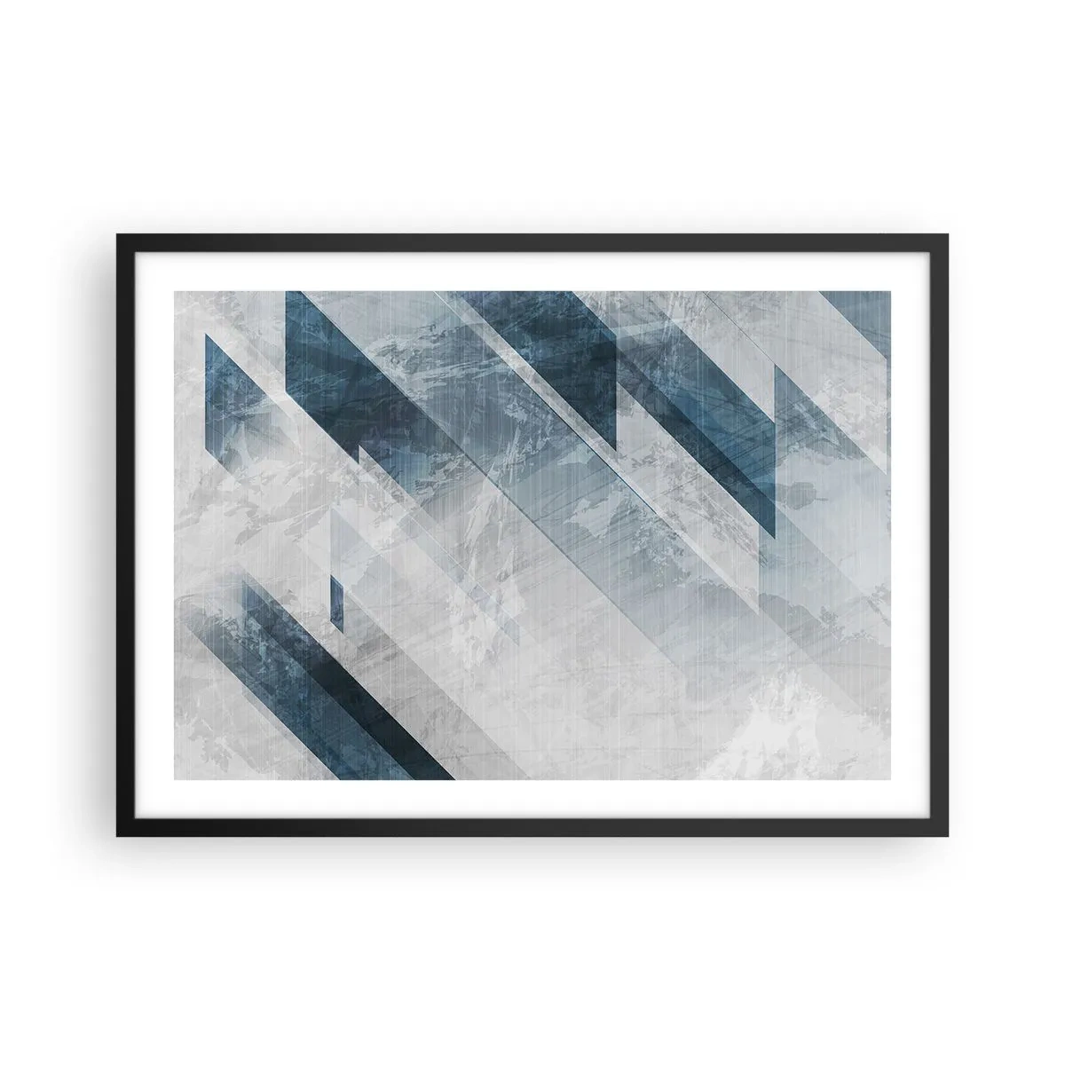 Affiche dans un cadre noir - Poster - Lignes abstraites dans des tons de gris et de bleu - 70x50cm - Composition spatiale - mouvement gris - Décoration murale moderne pour le salon et la chambre ARTTOR