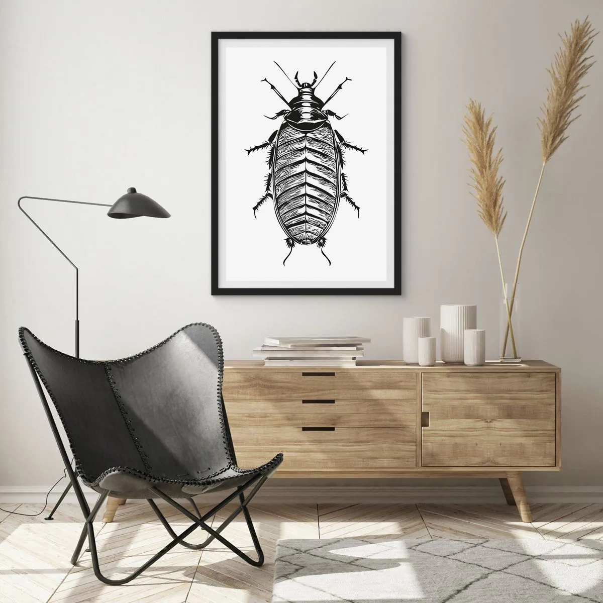 Affiche dans un cadre noir - Poster - Illustration en noir et blanc d'un insecte dans un style de vente au détail - 50x70cm - Quel spécimen! - Décoration murale moderne pour le salon et la chambre ARTTOR