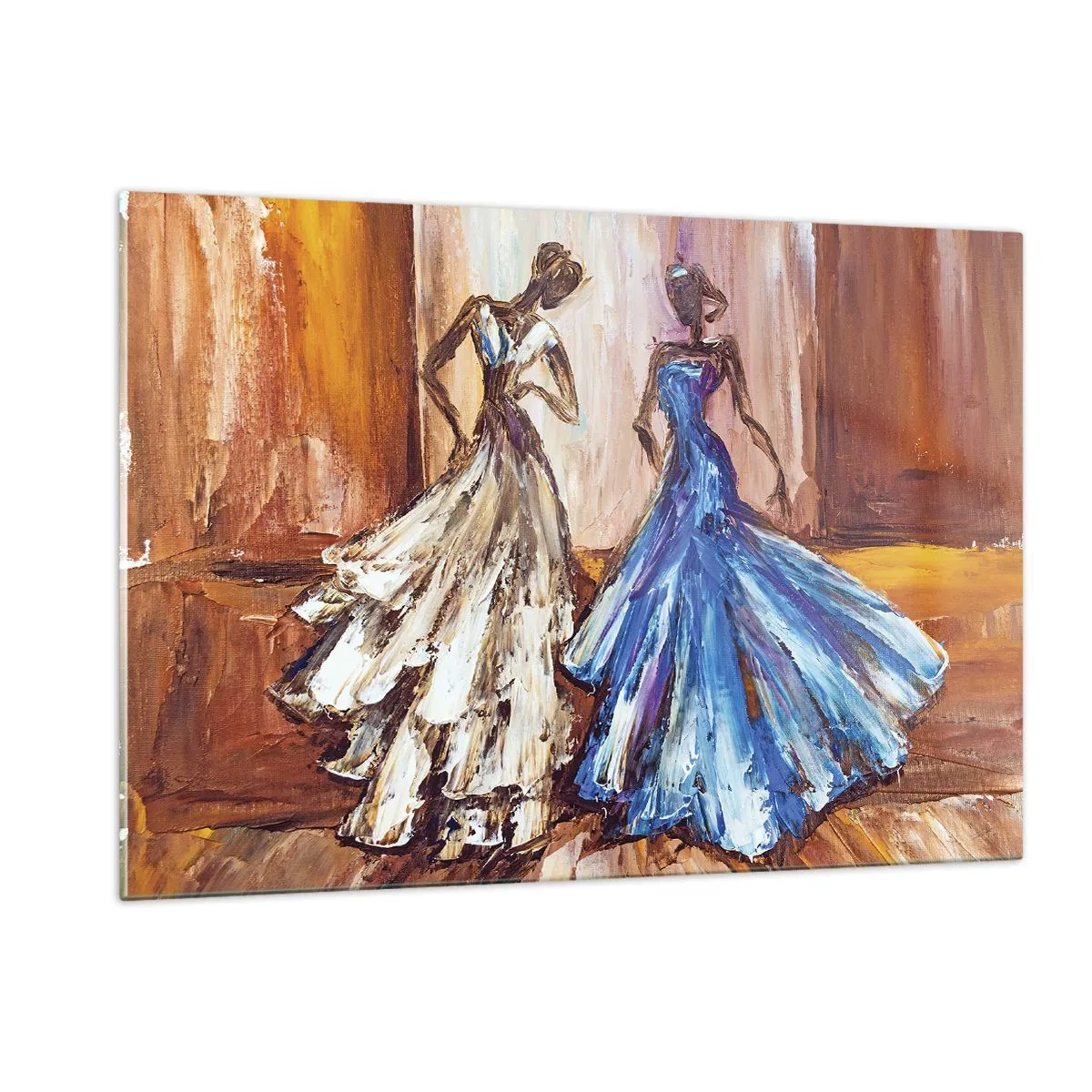 Impression sur verre - Image sur verre - Figures féminines en robes de bal dans un style artistique - 120x80cm - Un duo reconnaissant - Décoration murale moderne pour le salon et la chambre ARTTOR