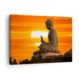 Impression sur toile - Image sur toile - Une statue bouddhiste sur fond de coucher de soleil orange - 70x50cm - Aucune peur du monde - Décoration murale moderne pour le salon et la chambre ARTTOR